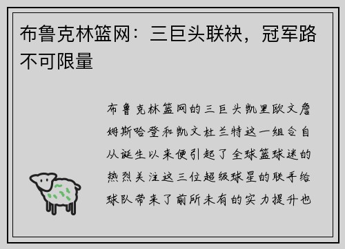 布鲁克林篮网：三巨头联袂，冠军路不可限量